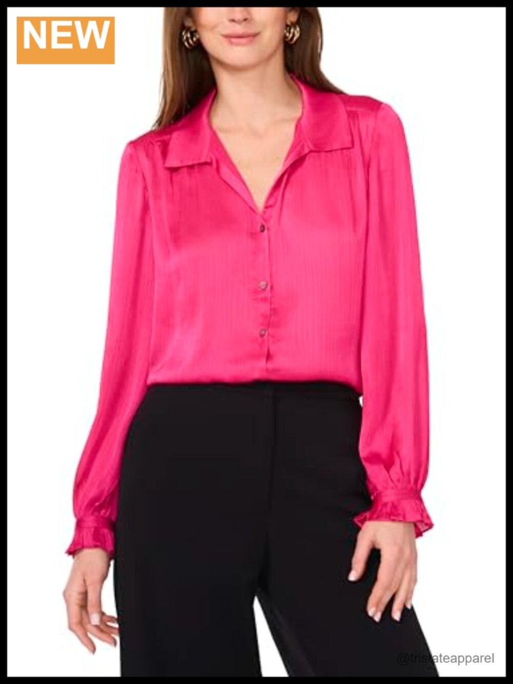 Ruffle Cuff Collared Button Down Blouse 100% Polyester